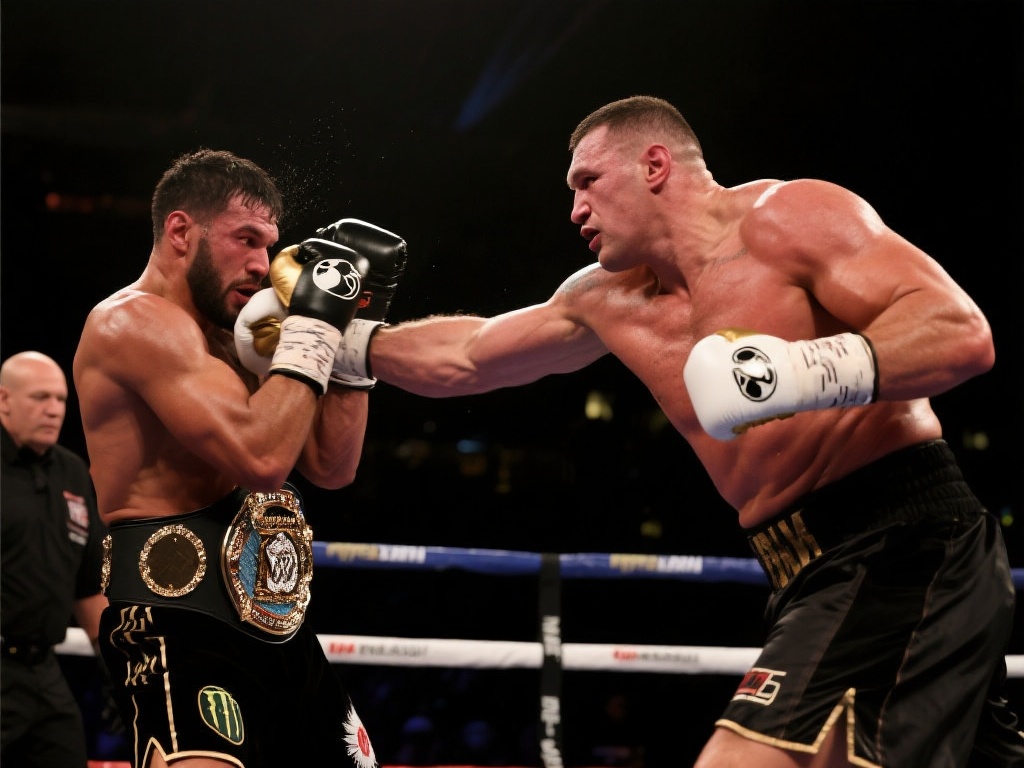 例如，在一次备受关注的重量级比赛中，他面